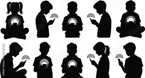 Black, silhouettes, of, children, using, mobile, phones, and, tablets, with, wireless, signals, isolated, on, white, background, technology, addiction, social, media.