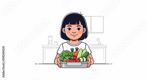 A smiling child holds a lunchbox filled with colorful, fresh vegetables