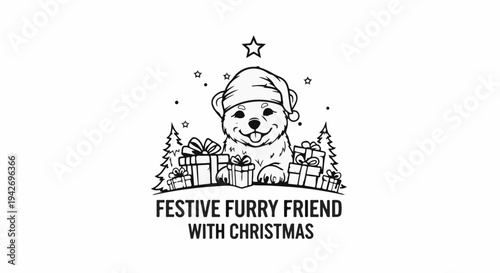 A black and white illustration of a happy dog wearing a Santa hat, surrounded by gifts and trees