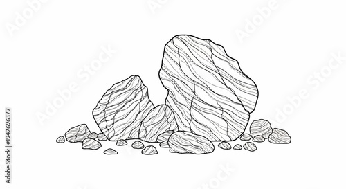 A collection of natural rocks with striped texture, rendered in black and white line art