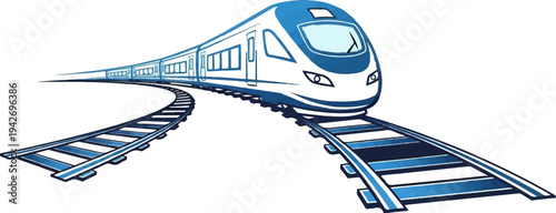 A modern, sleek blue and white train curves along its tracks