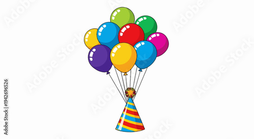 A cluster of colorful balloons tied to a striped party hat