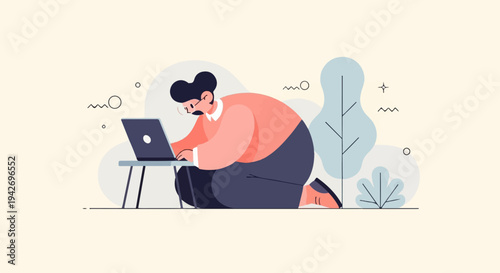 A person works on a laptop in a stylized environment with plants