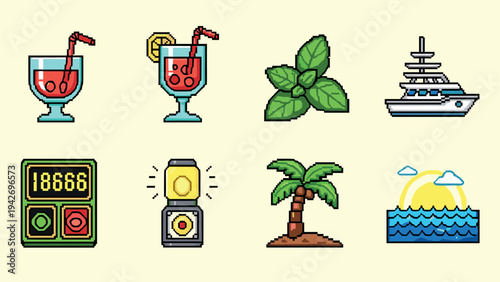 Pixel art summer icons: cocktail, cruise ship, tropical elements, and beach scene