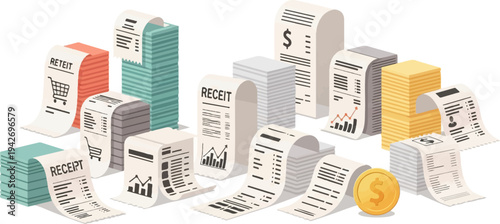 A collection of receipts, stacks of paper, and a gold coin on white