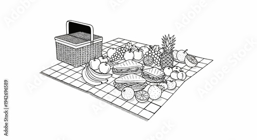 A picnic basket overflowing with assorted fruits and sandwiches on a blanket