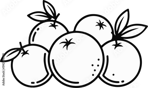 A cluster of five simple, line-art citrus fruits with leaves