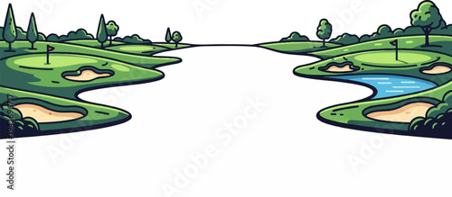 A picturesque golf course with rolling green hills, sand traps, and a water hazard