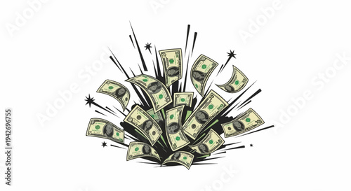 A burst of scattered paper currency with radiating lines and small stars