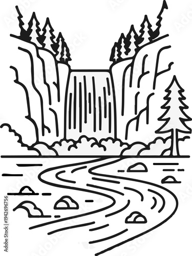 A picturesque line art depicts a cascading waterfall flowing into a winding river
