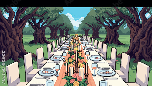 Retro pixel art banquet table in enchanted forest setting