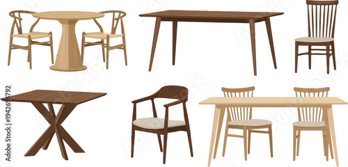A collection of wooden tables and chairs in various styles