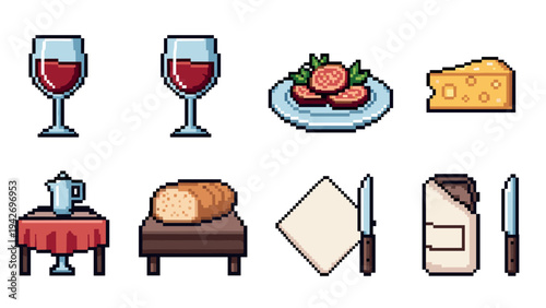 Pixel art food and drink icons: wine, cheese, bread, and more
