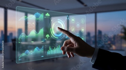 A person in a suit interacting with a virtual ESG monitoring dashboard showcasing various analytical graphs
