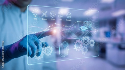 A person in a lab coat interacting with a holographic display showcasing product lifecycle management data