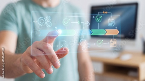 A person interacting with a digital workflow timeline, displaying holographic elements in a modern workspace atmosphere