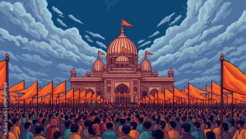 Grand temple celebration with flags and crowd under dramatic sky in pixel art style