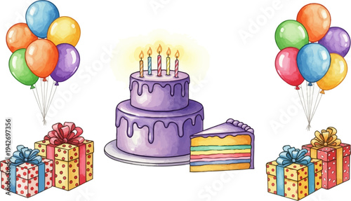 A multi-tiered birthday cake with lit candles, a slice, and balloons