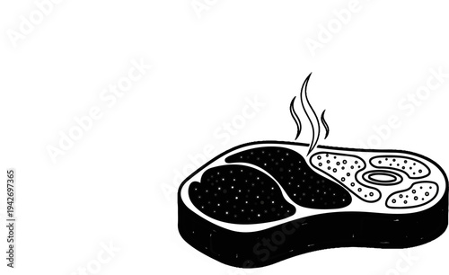 A black and white illustration of a thick, marbled steak with steam rising