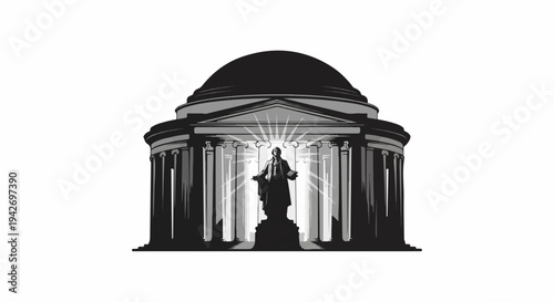 A neoclassical building with a domed roof and a statue in front