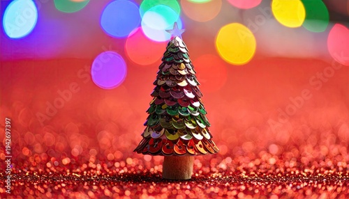 Festive, sequined tree with star topper set against glitter and bokeh