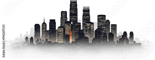 A nighttime cityscape illustration featuring tall, illuminated buildings shrouded in mist