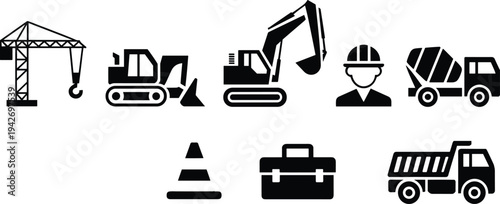 Construction equipment silhouette icon set with crane, excavator, bulldozer, cement mixer, dump truck, worker and tools, heavy machinery vector for building industry