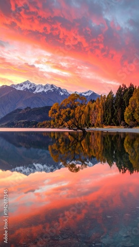 Lake reflects fiery sunset over mountains with autumnal trees