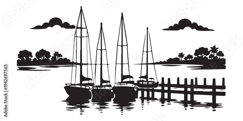 Slika na platnu Seaside Marina Dock Landscape Silhouette, Silhouette Vector, Isolated on White B