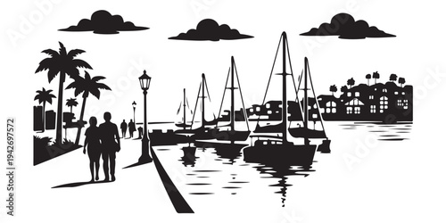 Harbor Waterfront Promenade Scene Silhouette, Silhouette Vector, Isolated on White Background