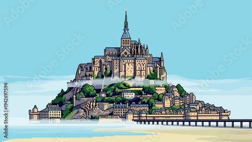 Charming island fortress amidst misty waters in retro pixel art style