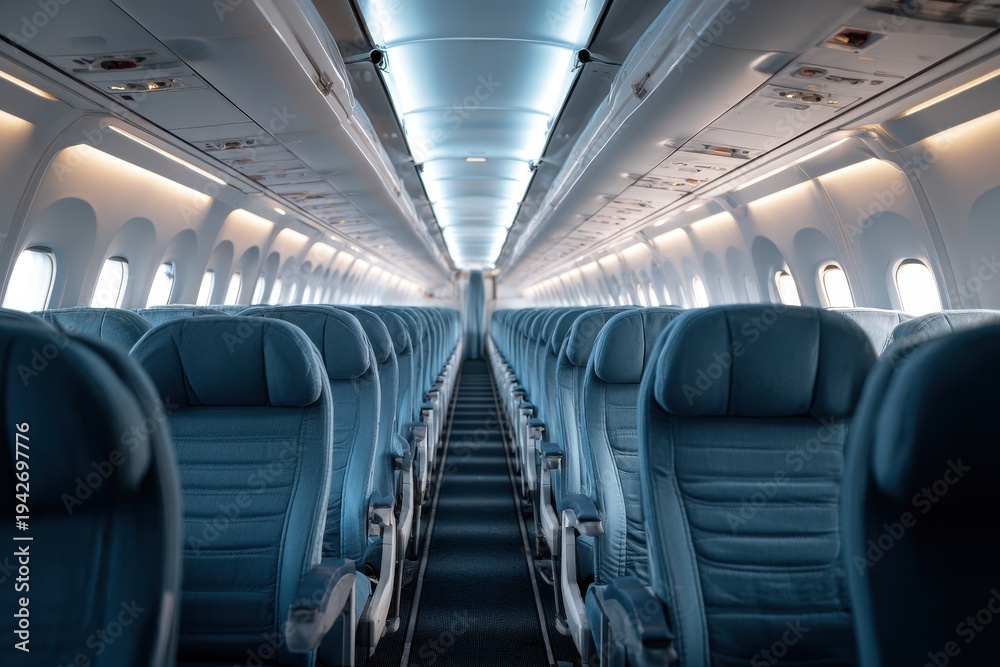 Fototapeta premium Empty airplane cabin with rows of passenger seats and soft ambient lighting