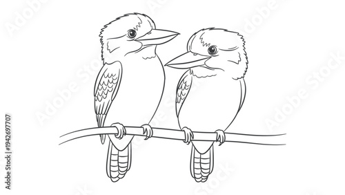 Kookaburras on Branch: A charming line art illustration of two kookaburras perched together on a slender branch, showcasing the birds' distinctive features and the bond between them.