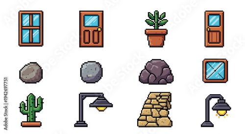 Pixel art home elements: doors, windows, plants, stones, lights, and pathways collection