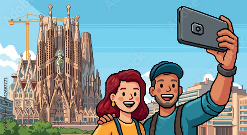 Tourists enjoy a selfie in front of famous landmark with modern architecture