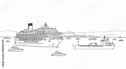 A panoramic view of various vessels docked at sea near a distant city skyline