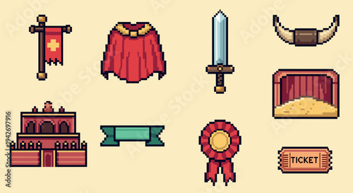 Pixel art spanish bullfighting icons set: sword, arena, cape, trophy