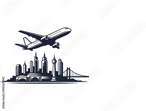 A passenger jet soars over a silhouetted cityscape with a bridge