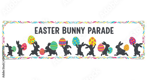 Vector graphic illustration celebrating an easter bunny parade carrying colorful decorated eggs