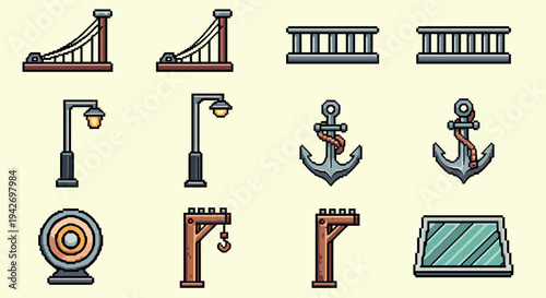 Pixel art harbor icons collection: bridges, anchors, and pulley systems