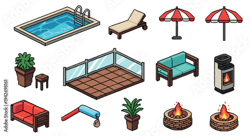 Isometric outdoor elements: pool, furniture, and fire pit collection