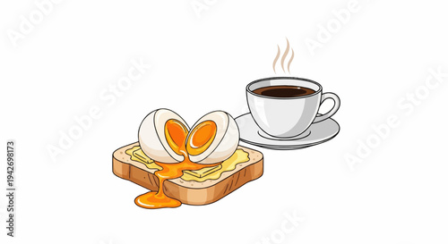 A soft-boiled egg splits open, yolk oozing onto toast next to coffee