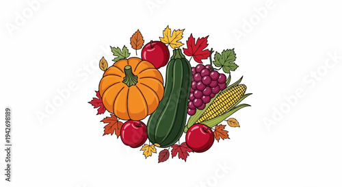 A colorful arrangement of autumnal fruits and vegetables with autumn leaves