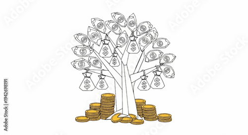 A pencil-sketch drawing of a money tree laden with dollar-sign bags and coins