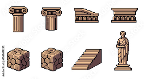 Pixel art classical architecture elements: columns, statues, and steps