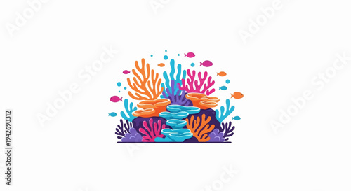 A colorful coral reef with small fish and bubbles, rendered in a flat style