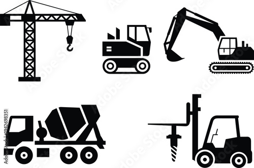 Construction machinery silhouette icon set including tower crane, excavator, forklift, cement mixer and industrial vehicles, heavy equipment vector for building and engineering industry