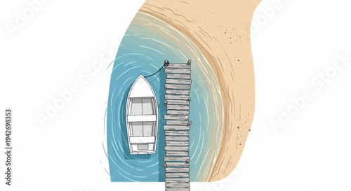 A simple illustration of a white boat tied to a wooden pier at the sandy shore