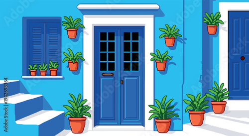 Charming blue house façade with potted plants and shuttered windows in pixel art style