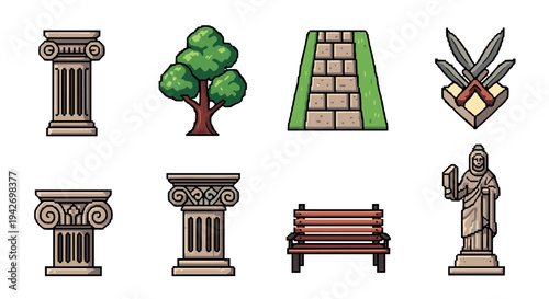 Neoclassical architecture and nature elements in detailed retro pixel art